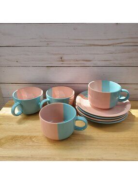 Hand Painted VTG Pier 1 Pink Blue Set Of 4 Coffee Cups And Saucers Japan 1990s